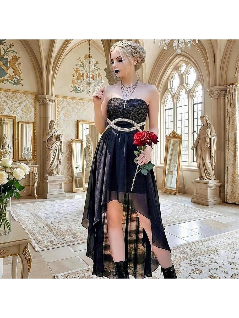 Gothic Noir Strapless High-Low Dress 57